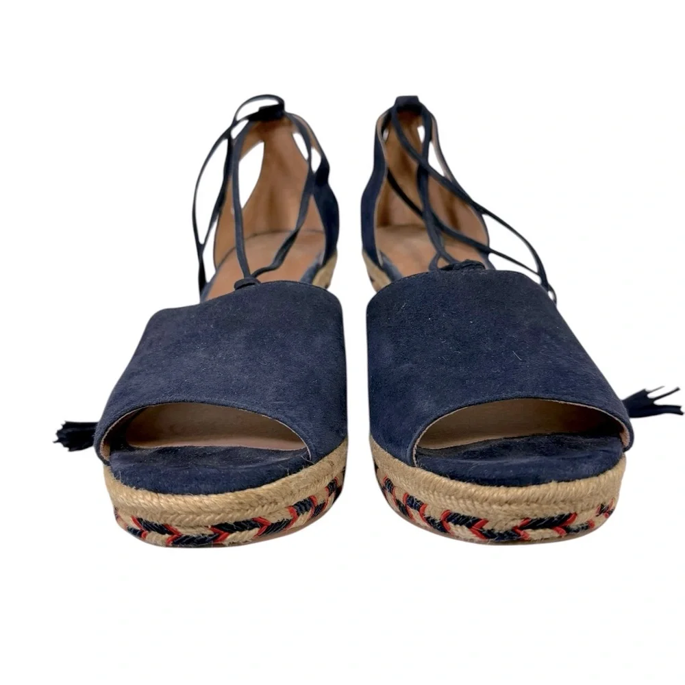 CABI 8M Women's Navy Blue Suede Aztec Isla Tassel Ankle Wedge Espadrille Sandals